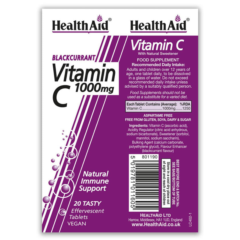 HealthAid Vitamin C 1000mg - Effervescent (Blackcurrant Flavour) Tablets