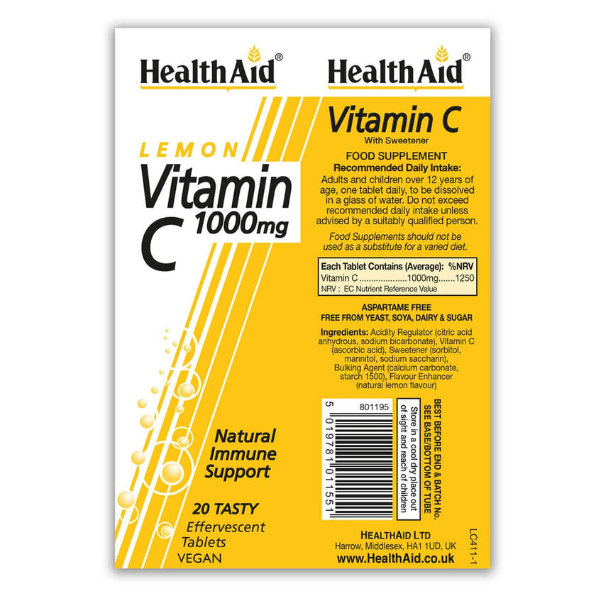 HealthAid Vitamin C 1000mg - Effervescent (Lemon Flavour) Tablets