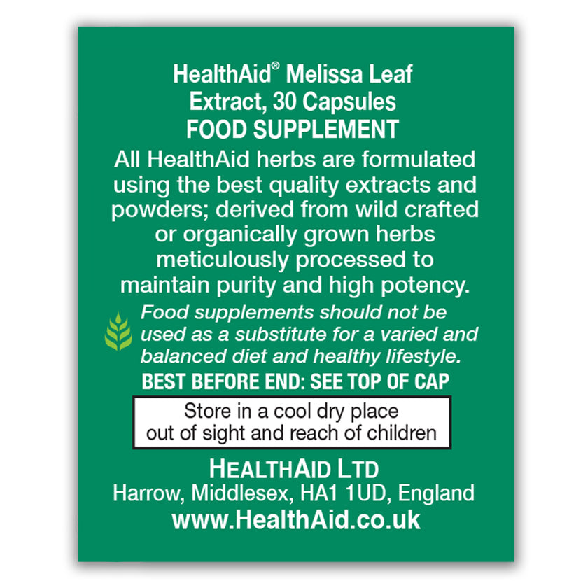 HealthAid Melissa Leaf (Lemon Balm) 550mg Equivalent Vegicaps