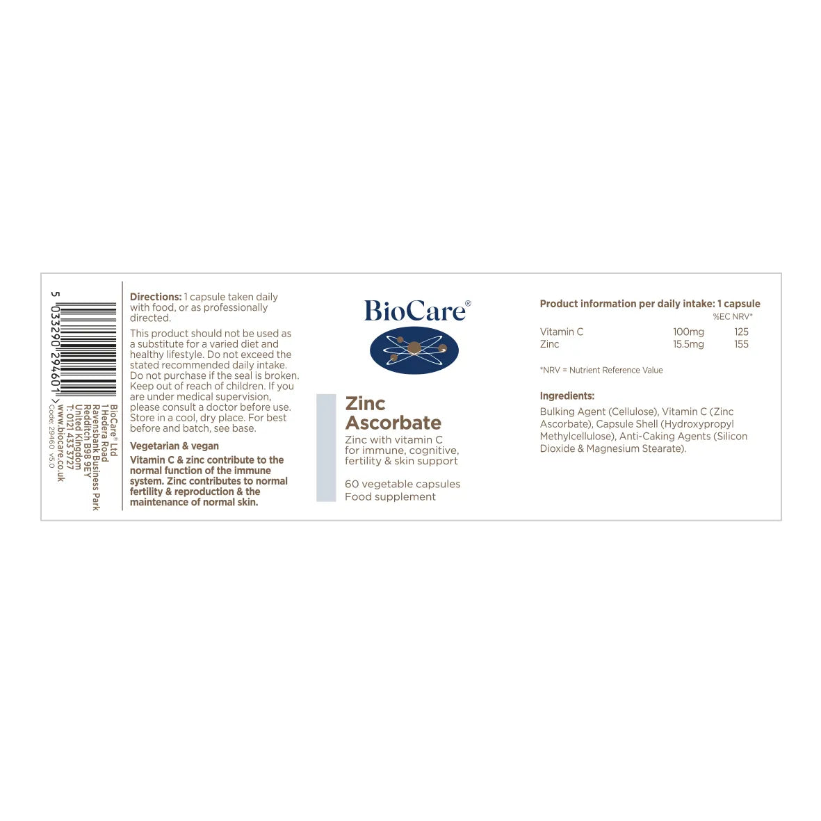 BioCare Zinc Ascorbate 60 Capsules image 1