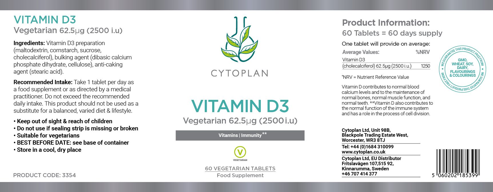 Cytoplan Vegetarian Vitamin D3 62.5µg 3