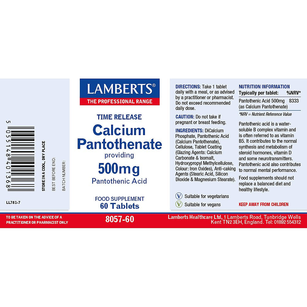 Lamberts Calcium Pantothenate 500mg 60 Tablets image 2