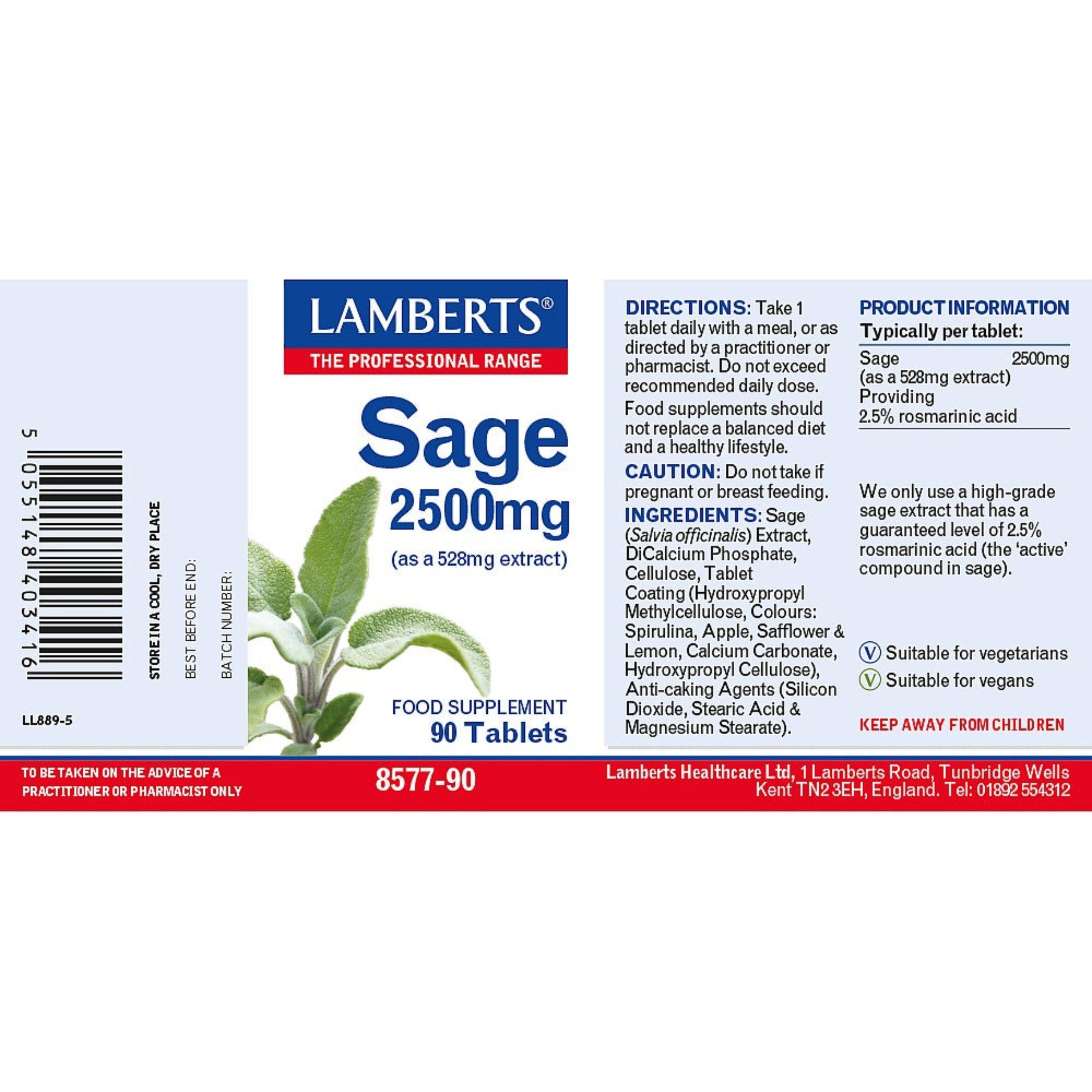 Lamberts Sage 2500mg 90 tablets image 1