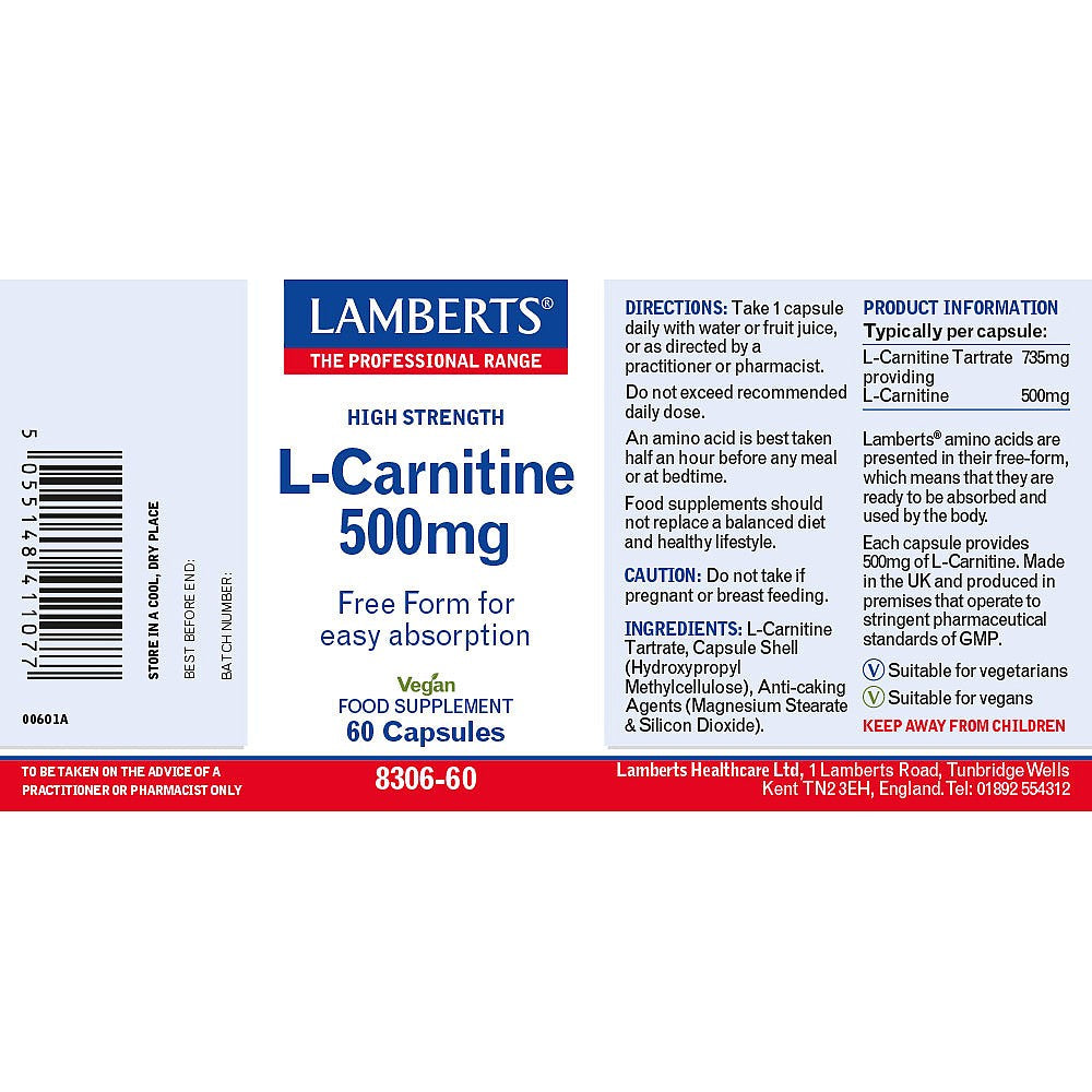 Lamberts L-Carnitine 500mg 60 capsules image 3