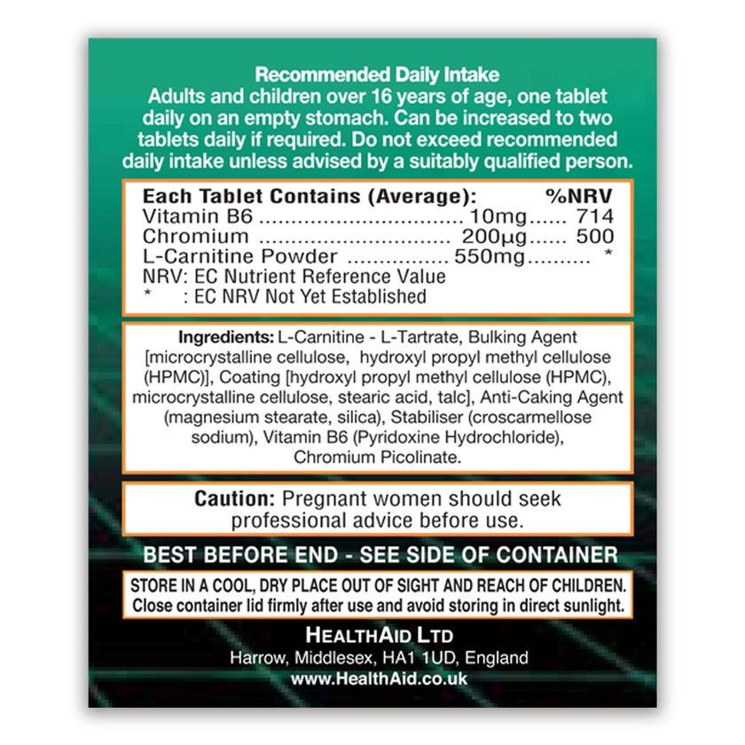 HealthAid L-Carnitine 550mg + Vitamin B6+ Chromium Tablets 3