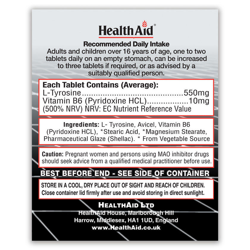 HealthAid L-Tyrosine 550mg + Vitamin B6 Tablets 3