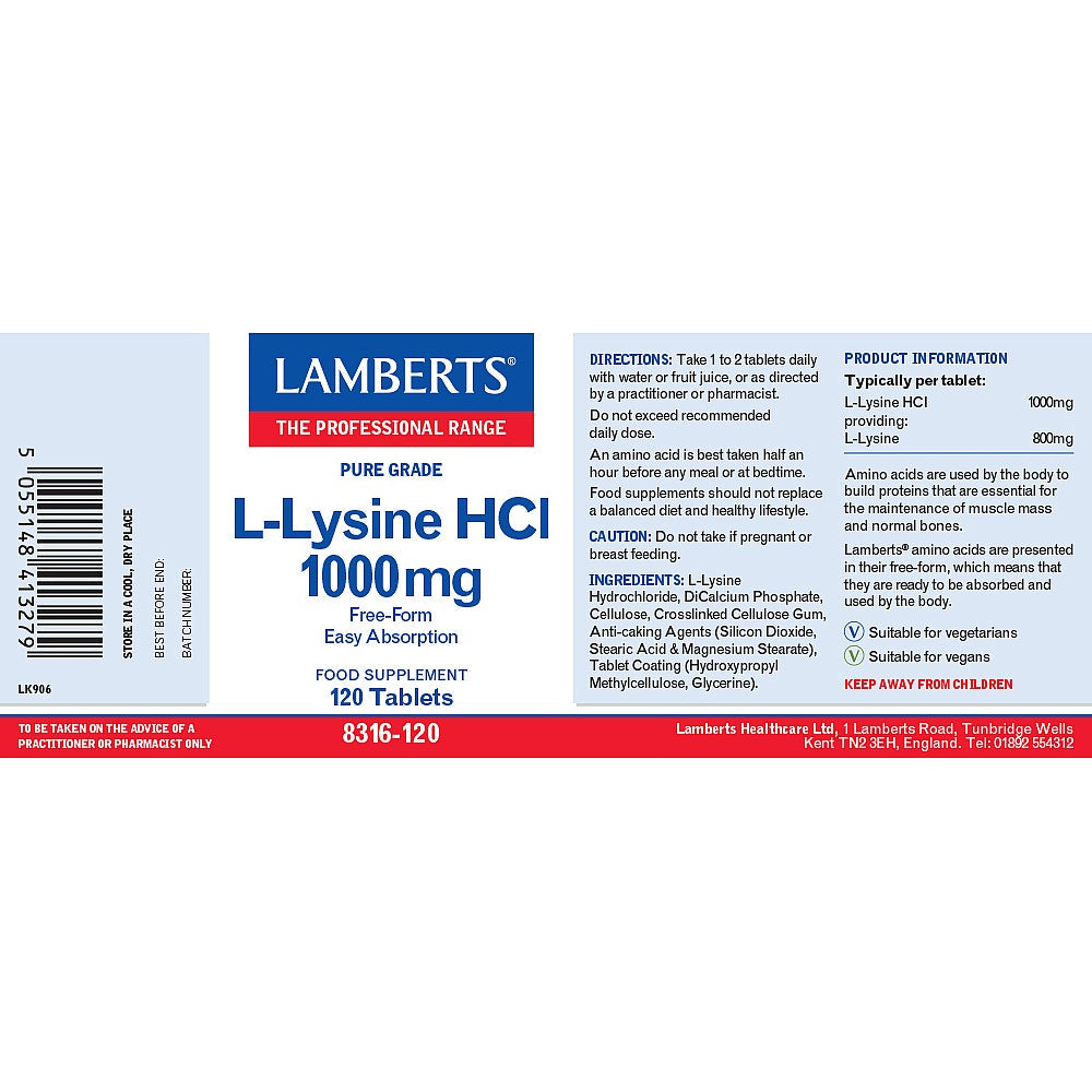 Lamberts L-Lysine 1000mg 120 tablets image 2