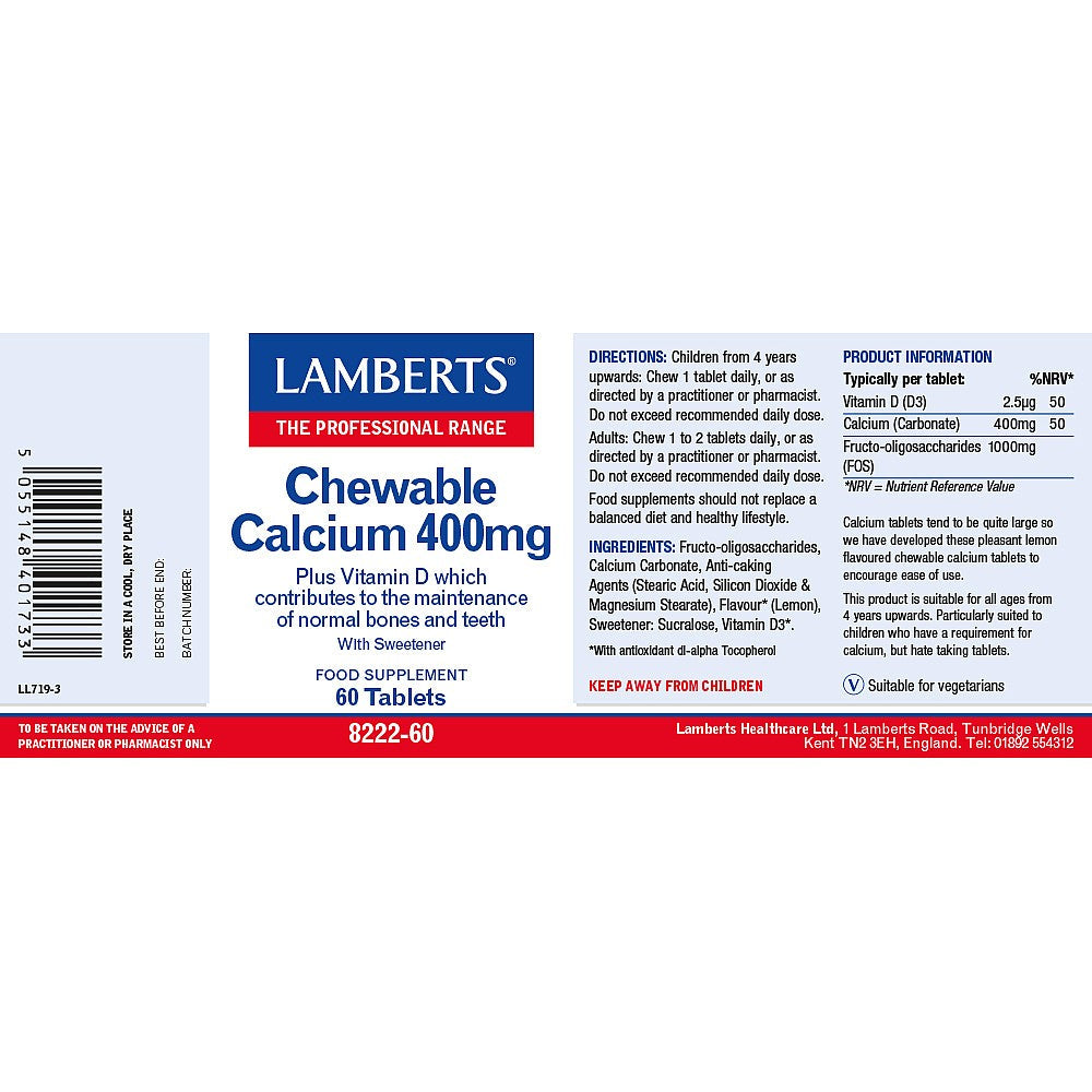 Lamberts Chewable Calcium 400mg 60 Tablets image 2