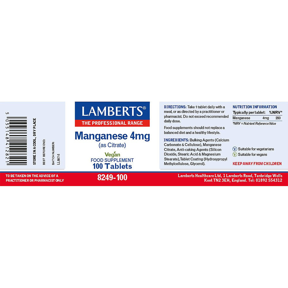 Lamberts Manganese 4mg (as Citrate) 100 tablets image 2