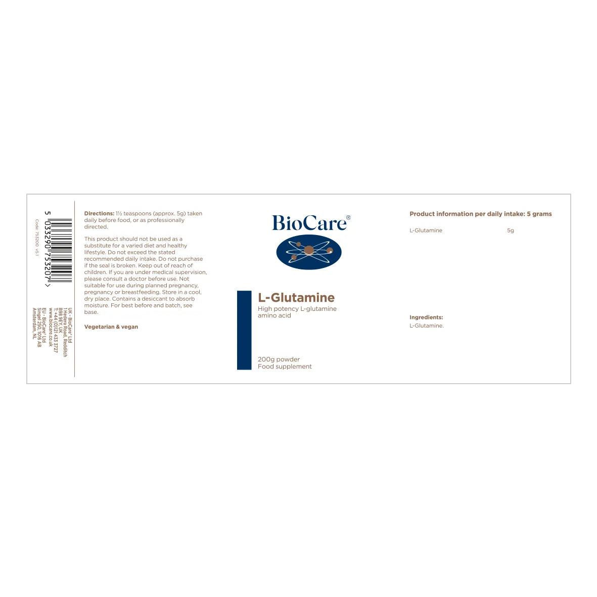 BioCare L-Glutamine 200g image 1